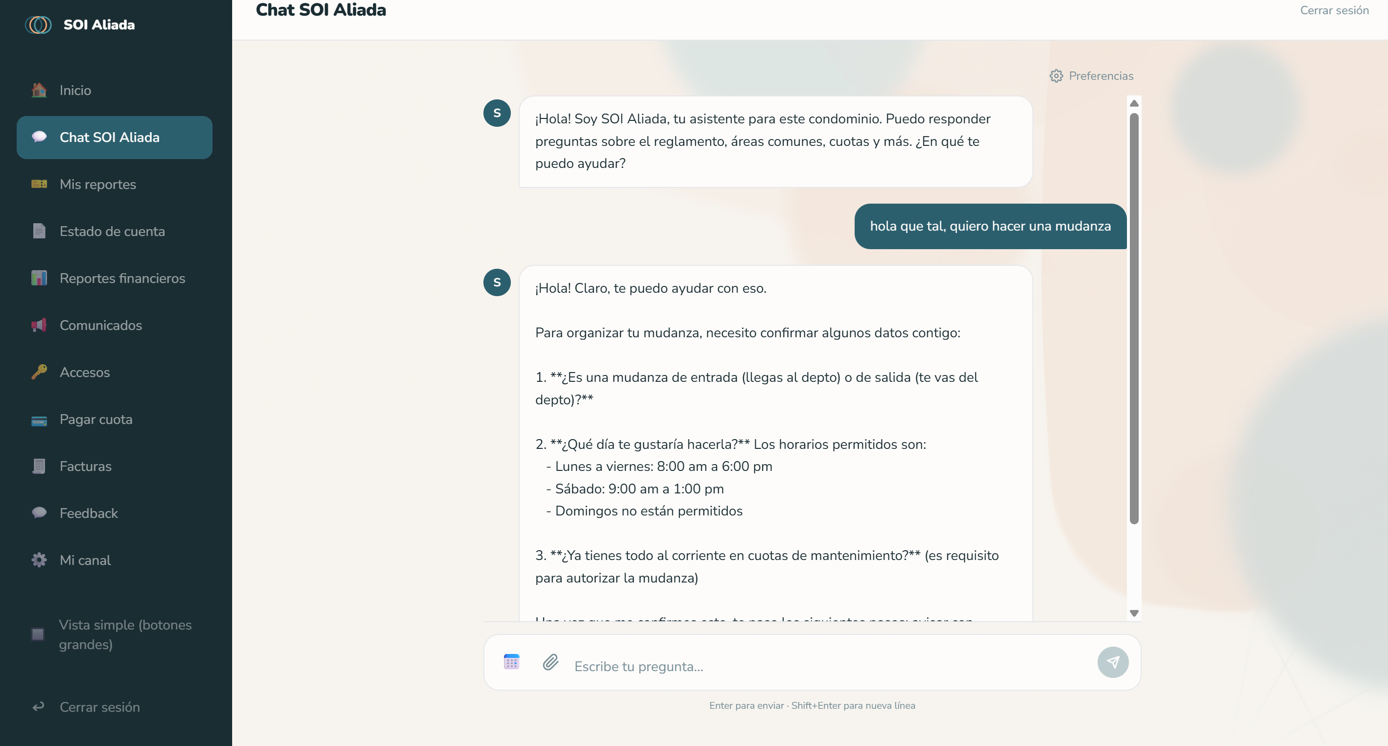 Conversación del asistente de IA de SOI Aliada con un residente